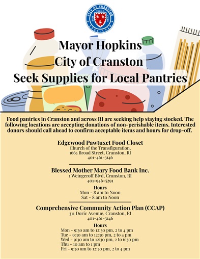 Mayor Hopkins, City of Cranston Seek Supplies for Local Pantries